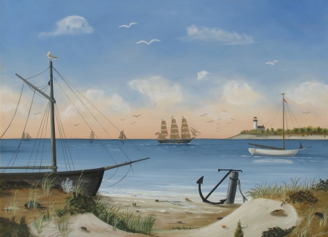 Martha Cahoon oil painting entitled &quot;Quiet Bay with Boats and Lighthouse in Distance&quot;.