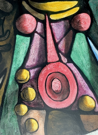 Closeup image of red, pink, yellow and green section of the painting "Ceremonial Dancers" by Julio De Diego.