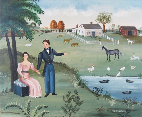 "Couple by Farmyard" painting by Martha Cahoon.