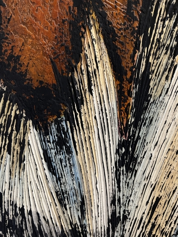 Closeup detail image of untitled #010 painting by Frederik Ottesen showing strong brushstrokes in white and cream, with black along the edges on a rich brown background.