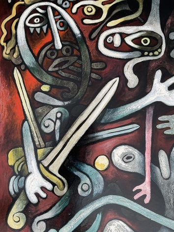 Closeup of detail showing sword carrying figure in lower left of the painting &quot;The Magician&quot; by Julio De Diego.