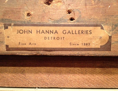 Image of John Hanna Galleries label verso on "Haymakers Zeeland" painting by George Hitchcock.