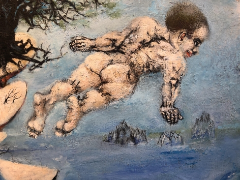 Closeup detail of one man diving off the rocks into the water in "Lure of the Waters" painting by Philip Evergood.