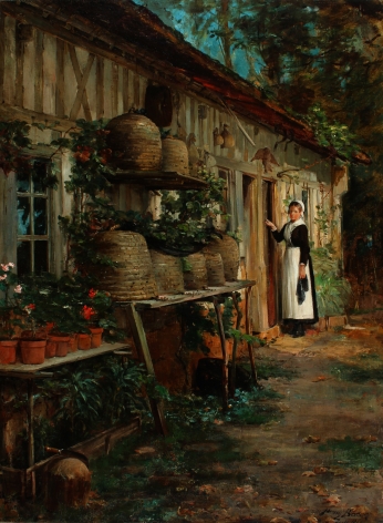 Oil painting of a "Beekeeper's Daughter" by artist Henry Bacon showing s young woman in 19th century outfit standing next to a door in the background, with seven old-fashioned honeybee skeps on shelves against the outside of the building in the foreground..
