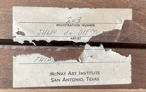 Image of label verso fragment from McNay Art Institute on "Blueprint of the Future" painting by Julio De Diego.