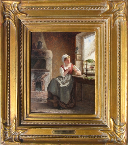 Frame of "Girl with Bird" oil painting by Michel Arnoux.