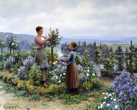 Sold painting by Daniel Ridgway Knight entitled "Picking Flowers".
