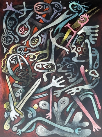 Image of the abstract figural painting entitled &quot;The Magician&quot; by artist Julio De Diego with ma humanoid figure in the lower left holding a sword.