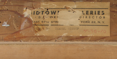Image of Midtown Galleries label verso fragment on Isabel Bishop's painting "Interlude"
