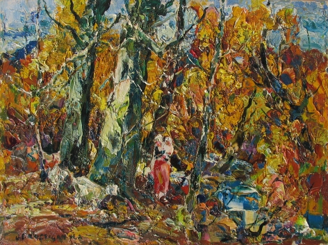 Image of "Mother and Child" painting by artist John Cositgan, showing a heavily impasto impressionist fall woodland scene of a woman in a red skirt holding a baby with goats standing near trees.