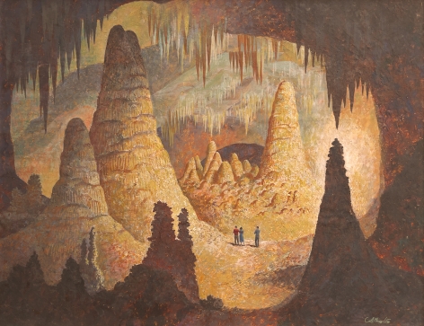 Oil painting entitled &quot;The Cavern&quot; by artist John Atherton depicting three people in a huge cavern filled with stalagmites and stalactites. .