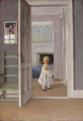 Image of "Girl with Doll" painting by artist William Wallace Gilchrist showing a young girl holding a doll as seen through an interior doorway in a house.