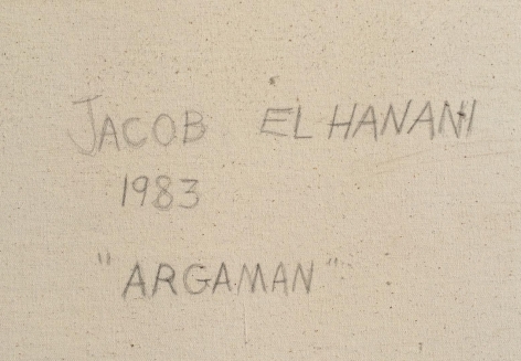 Image of verso signature, date and title of "Argaman" painting by Jacob El Hanani.