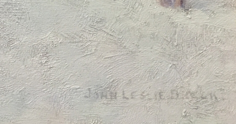 Image of signature on Village in Winter painting by John Leslie Breck.