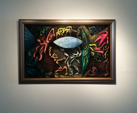 Image of painting "Inevitable Day - Birth of the Atom" by Julio De Diego hanging on a white wall.