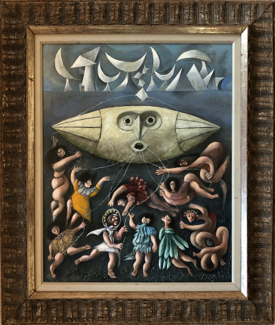 Image of wooden frame of "Lords of the Sky" painting by Julio De Diego.