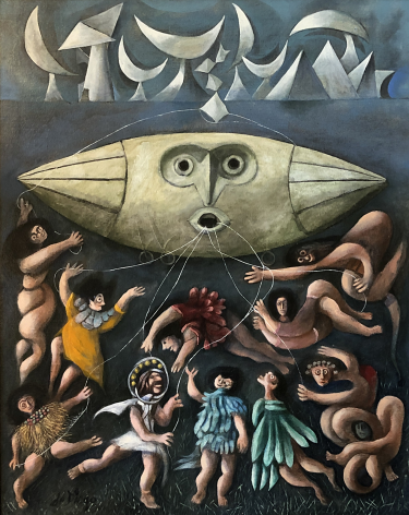Image of "Lords of the Sky" painting by artist Julio De Diego showing a blimp with a face on it tethered by lines to humanoid abstract figures, some of which are dressed, while others are not.