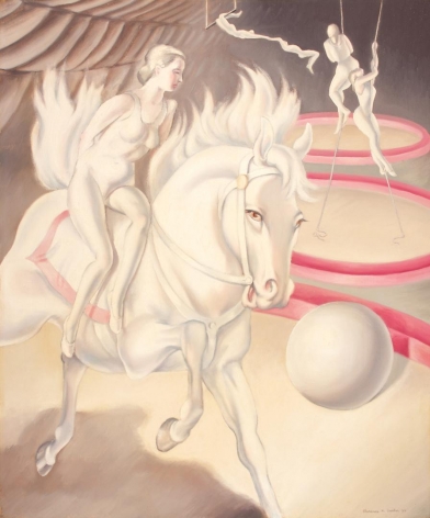 Image of "Circus Scene" painting by Clarence Holbrook Carter featuring a female stunt rider on a white horse in the foreground of the painting and four acrobats in the background all depicted in tones of whites and grey colors with pink accents.