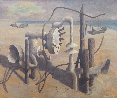 "Aged Form" oil painting by artist John Atherton depicting a magic realist beach scene with some old beached boats in the background and an odd unknown structure made of wood and metal in the foreground. .