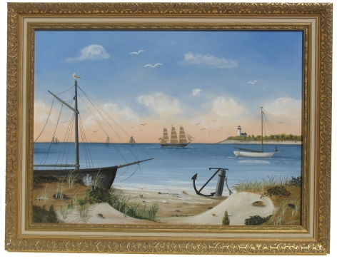 Frame of Quiet Bay with Boats painting by Martha Cahoon.