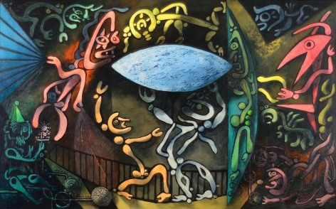 Image of "Inevitable Day - Birth of the Atom"painting by artist Julio De Diego of abstract figures holding up or looking at an ovoid blue shape.