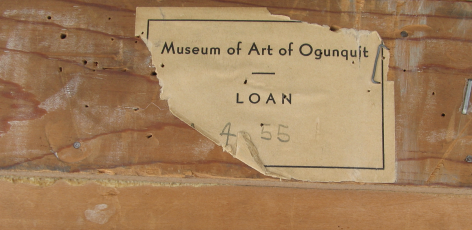 Image of Museum of Art of Ogunquit label verso fragment on Isabel Bishop's painting "Interlude".