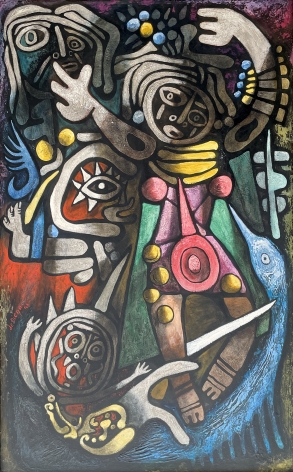 Image of "Ceremonial Dancers" painting by artist Julio De Diego depicting colorful abstract figures, masks and imaginary figures together..
