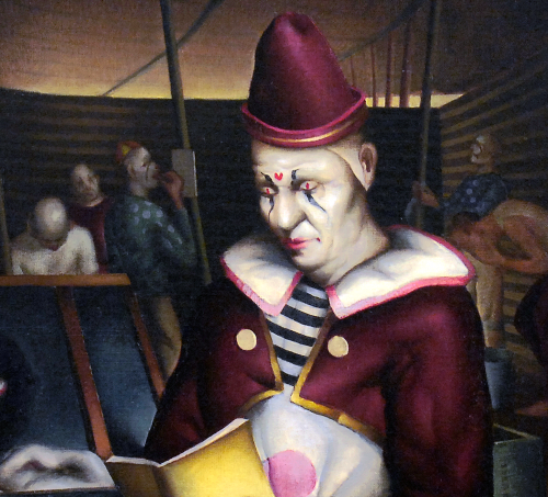 Close up detail of Clown Reading by Paul Sample. 